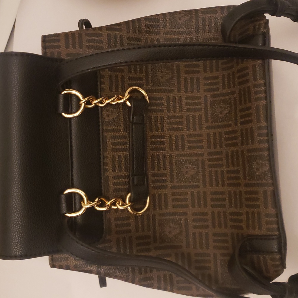 Anne Klein Elegant Black and Brown Mini Backpack Gold Drawstring Snap Closure - Picture 11 of 17